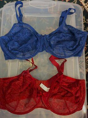 TWO brand new lacy underwire bras - SIZE 38DD - 1 dark red and 1 dark blue